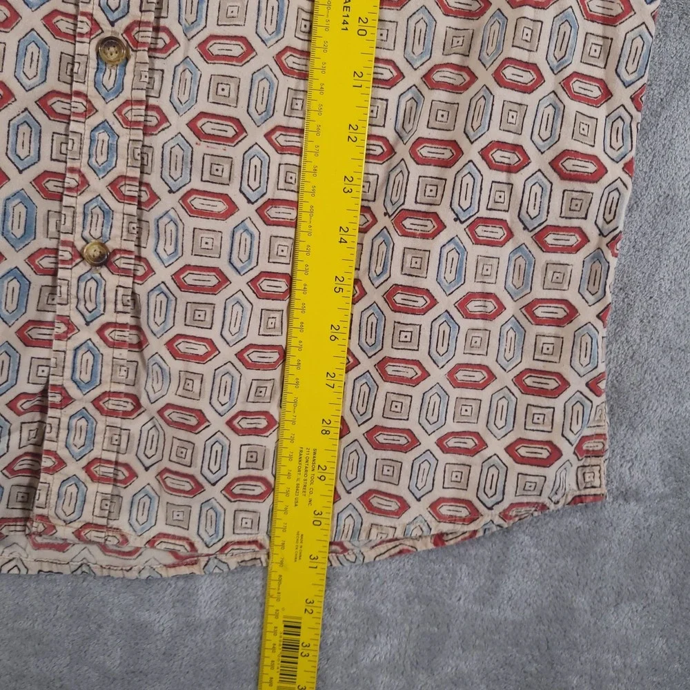 Orvis Shirt Mens Medium Beige Red Geometric Button Up Short‎ Sleeve Cotton